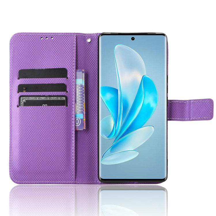 Shockproof PU Leather Phone Case for vivo S17e 5G , Stand Wallet Diamond Texture Phone Cover - Purple