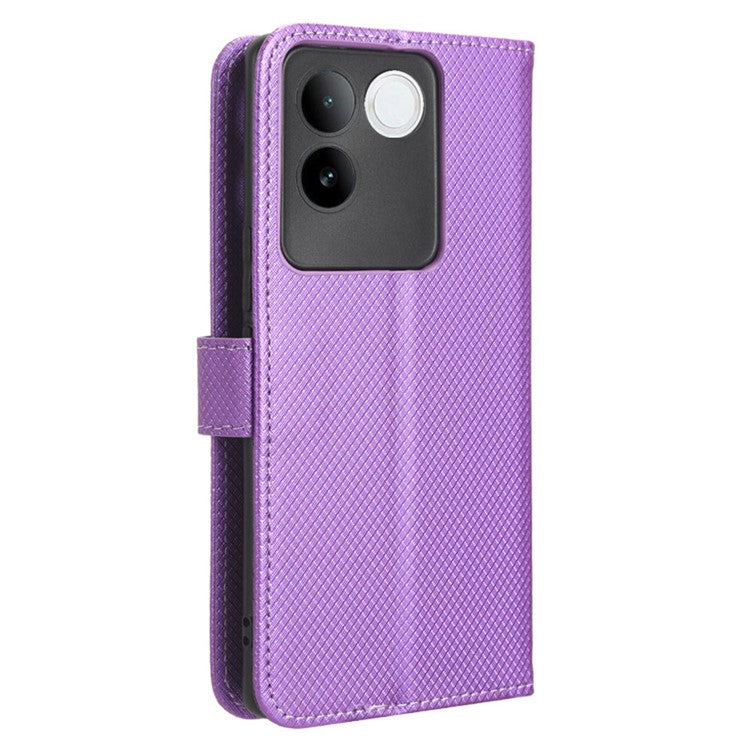 Shockproof PU Leather Phone Case for vivo S17e 5G , Stand Wallet Diamond Texture Phone Cover - Purple