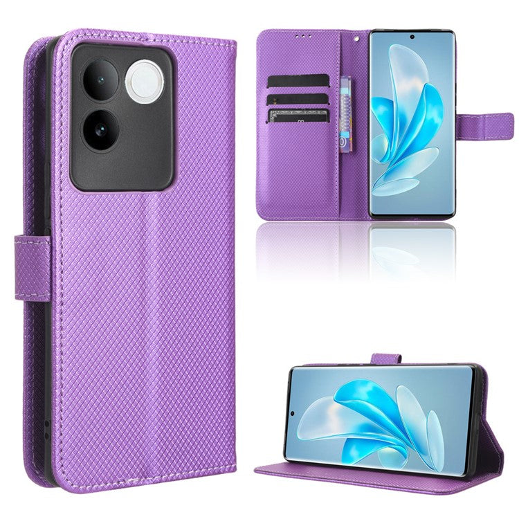 Shockproof PU Leather Phone Case for vivo S17e 5G , Stand Wallet Diamond Texture Phone Cover - Purple