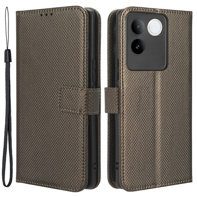 Shockproof PU Leather Phone Case for vivo S17e 5G , Stand Wallet Diamond Texture Phone Cover - Brown