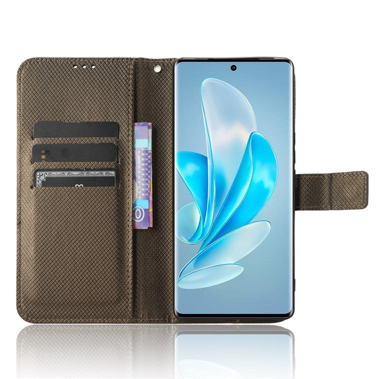 Shockproof PU Leather Phone Case for vivo S17e 5G , Stand Wallet Diamond Texture Phone Cover - Brown