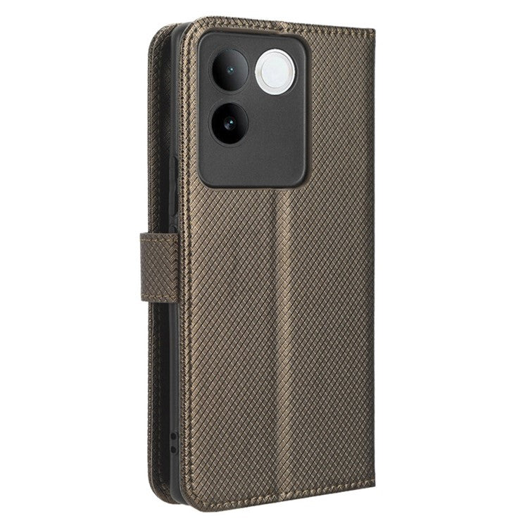 Shockproof PU Leather Phone Case for vivo S17e 5G , Stand Wallet Diamond Texture Phone Cover - Brown