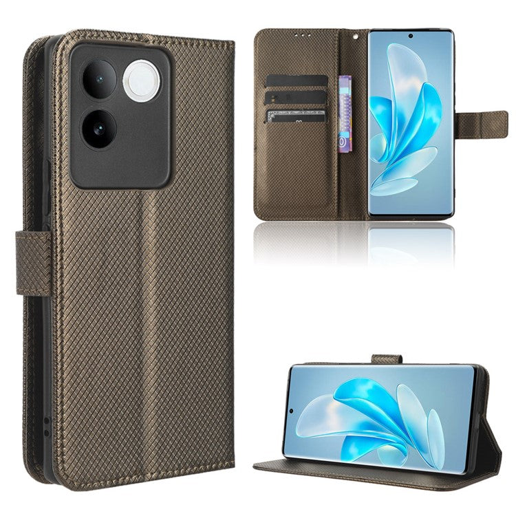 Shockproof PU Leather Phone Case for vivo S17e 5G , Stand Wallet Diamond Texture Phone Cover - Brown