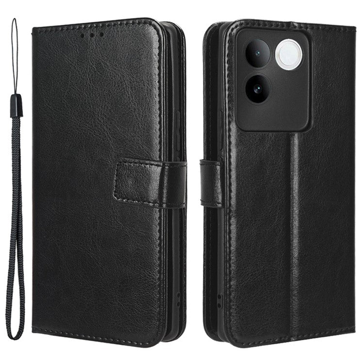 For vivo S17e 5G Anti-Fingerprint Crazy Horse Texture Phone Case Wallet PU Leather Cell Phone Stand Cover - Black