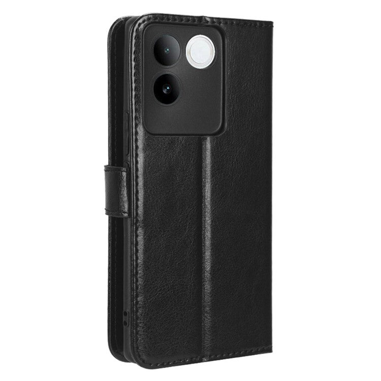 For vivo S17e 5G Anti-Fingerprint Crazy Horse Texture Phone Case Wallet PU Leather Cell Phone Stand Cover - Black