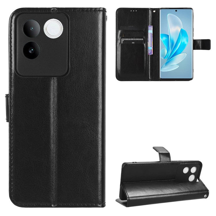 For vivo S17e 5G Anti-Fingerprint Crazy Horse Texture Phone Case Wallet PU Leather Cell Phone Stand Cover - Black