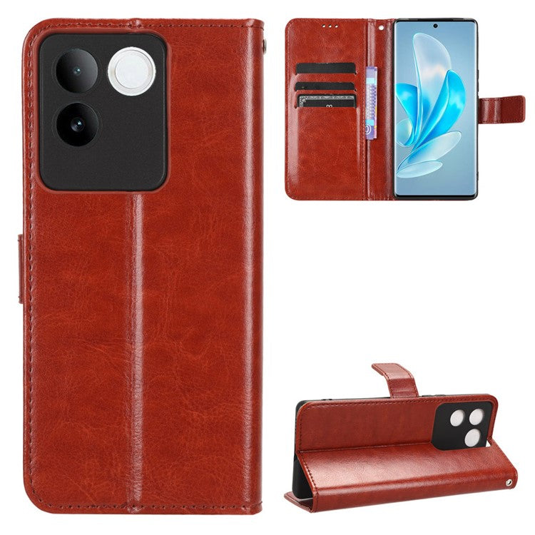 For vivo S17e 5G Anti-Fingerprint Crazy Horse Texture Phone Case Wallet PU Leather Cell Phone Stand Cover - Brown