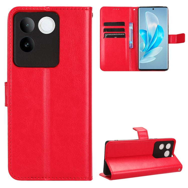 For vivo S17e 5G Anti-Fingerprint Crazy Horse Texture Phone Case Wallet PU Leather Cell Phone Stand Cover - Red