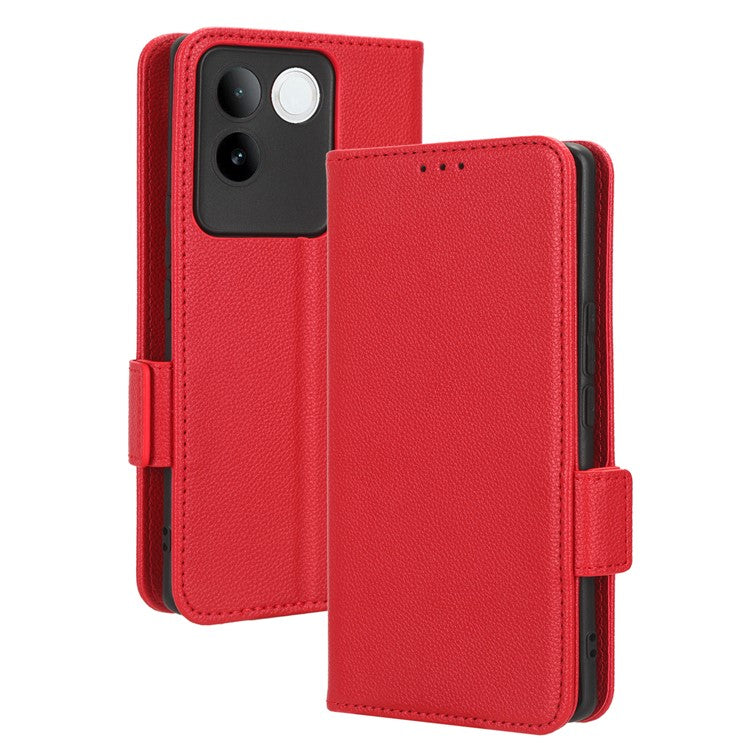 Phone Leather Case for vivo S17e 5G , Litchi Texture Wallet Stand Folio Flip Cell Phone Cover - Red