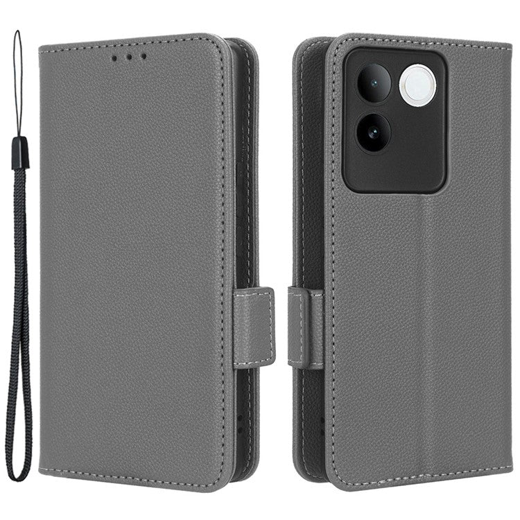 Phone Leather Case for vivo S17e 5G , Litchi Texture Wallet Stand Folio Flip Cell Phone Cover - Grey