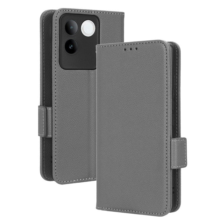 Phone Leather Case for vivo S17e 5G , Litchi Texture Wallet Stand Folio Flip Cell Phone Cover - Grey