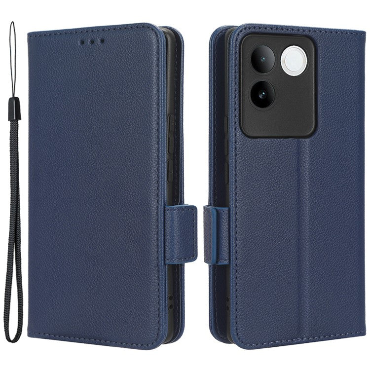 Phone Leather Case for vivo S17e 5G , Litchi Texture Wallet Stand Folio Flip Cell Phone Cover - Dark Blue