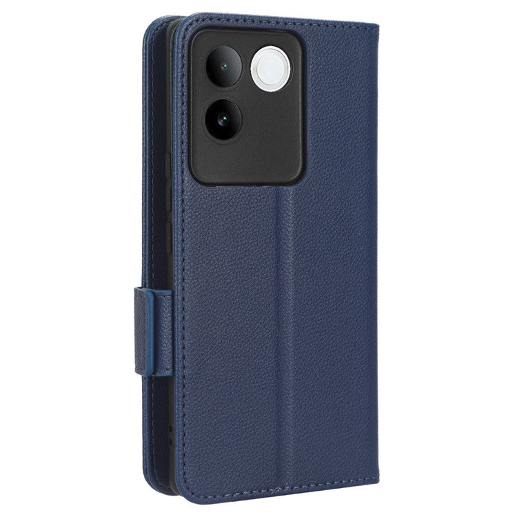 Phone Leather Case for vivo S17e 5G , Litchi Texture Wallet Stand Folio Flip Cell Phone Cover - Dark Blue