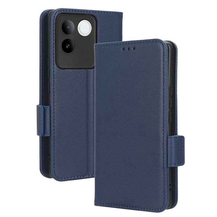 Phone Leather Case for vivo S17e 5G , Litchi Texture Wallet Stand Folio Flip Cell Phone Cover - Dark Blue