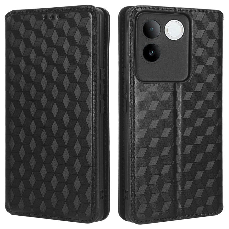 For vivo S17e 5G PU Leather Stand Case Shockproof Rhombus Imprinted Phone Cover - Black