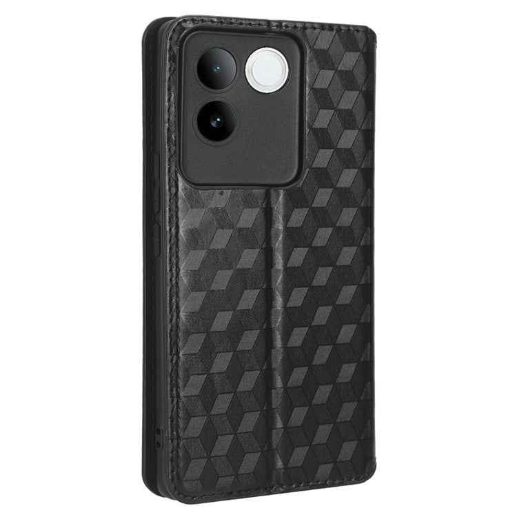 For vivo S17e 5G PU Leather Stand Case Shockproof Rhombus Imprinted Phone Cover - Black