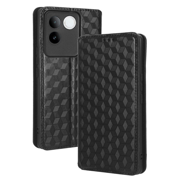 For vivo S17e 5G PU Leather Stand Case Shockproof Rhombus Imprinted Phone Cover - Black