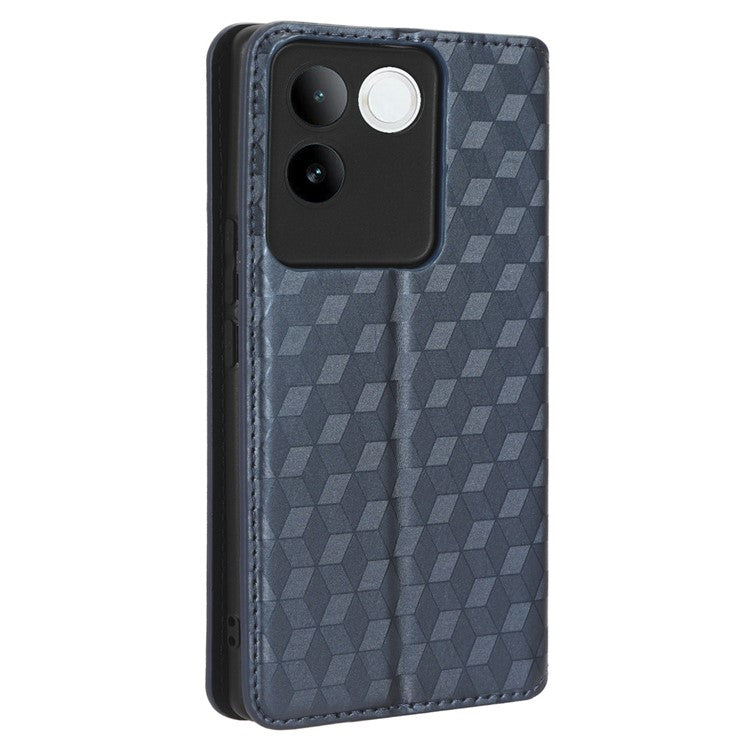 For vivo S17e 5G PU Leather Stand Case Shockproof Rhombus Imprinted Phone Cover - Blue