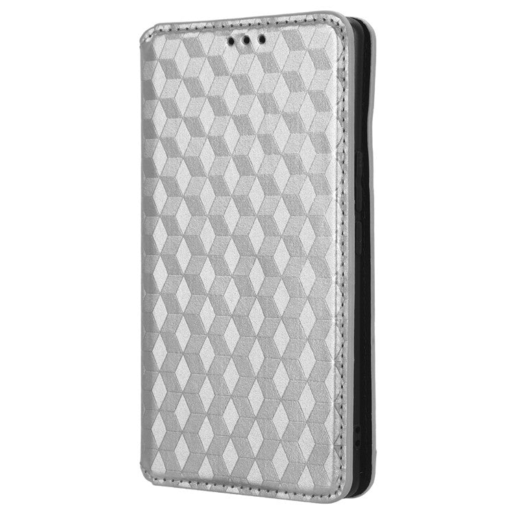 For vivo S17e 5G PU Leather Stand Case Shockproof Rhombus Imprinted Phone Cover - Silver