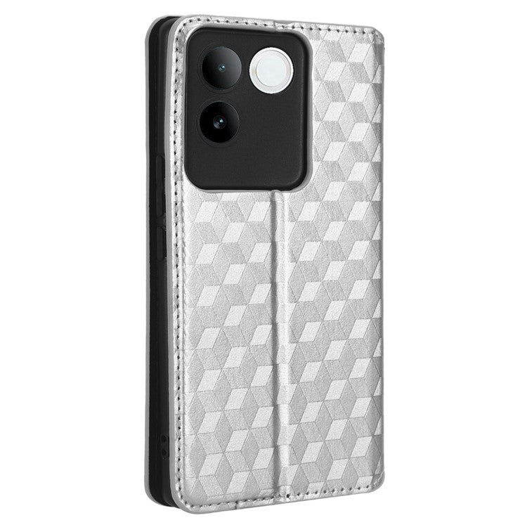 For vivo S17e 5G PU Leather Stand Case Shockproof Rhombus Imprinted Phone Cover - Silver