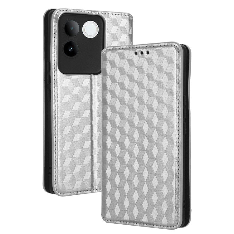 For vivo S17e 5G PU Leather Stand Case Shockproof Rhombus Imprinted Phone Cover - Silver