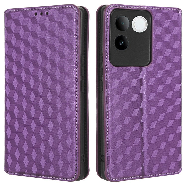 For vivo S17e 5G PU Leather Stand Case Shockproof Rhombus Imprinted Phone Cover - Purple