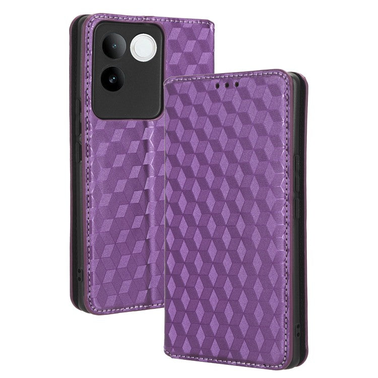 For vivo S17e 5G PU Leather Stand Case Shockproof Rhombus Imprinted Phone Cover - Purple