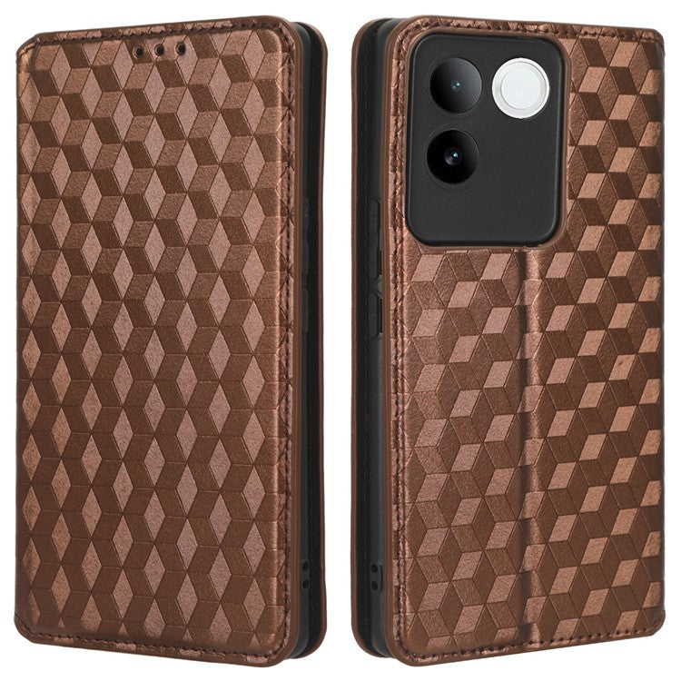 For vivo S17e 5G PU Leather Stand Case Shockproof Rhombus Imprinted Phone Cover - Brown