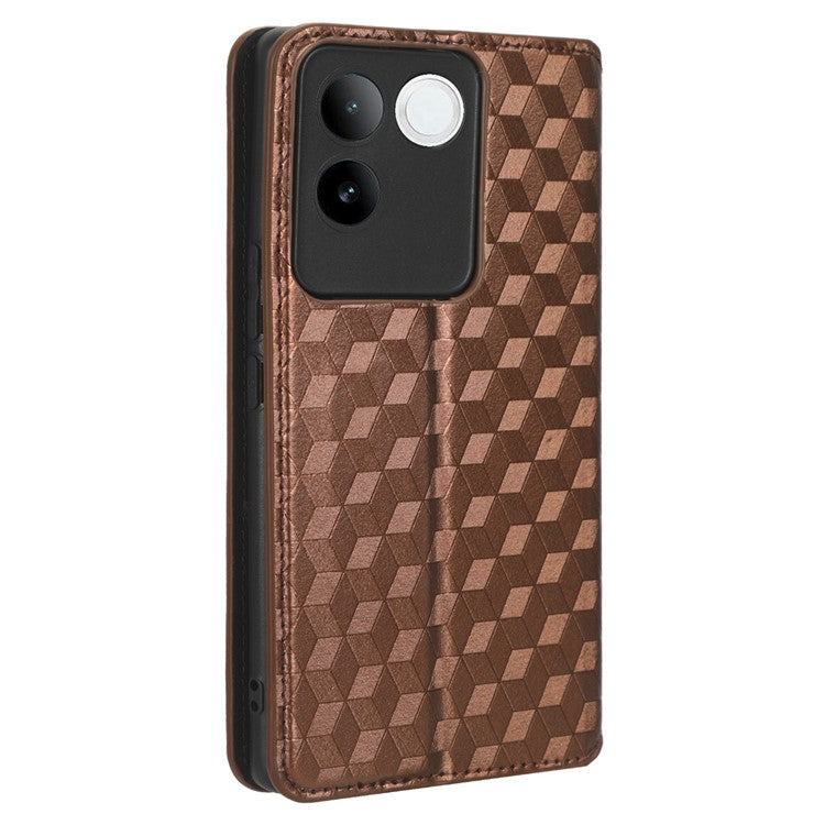 For vivo S17e 5G PU Leather Stand Case Shockproof Rhombus Imprinted Phone Cover - Brown