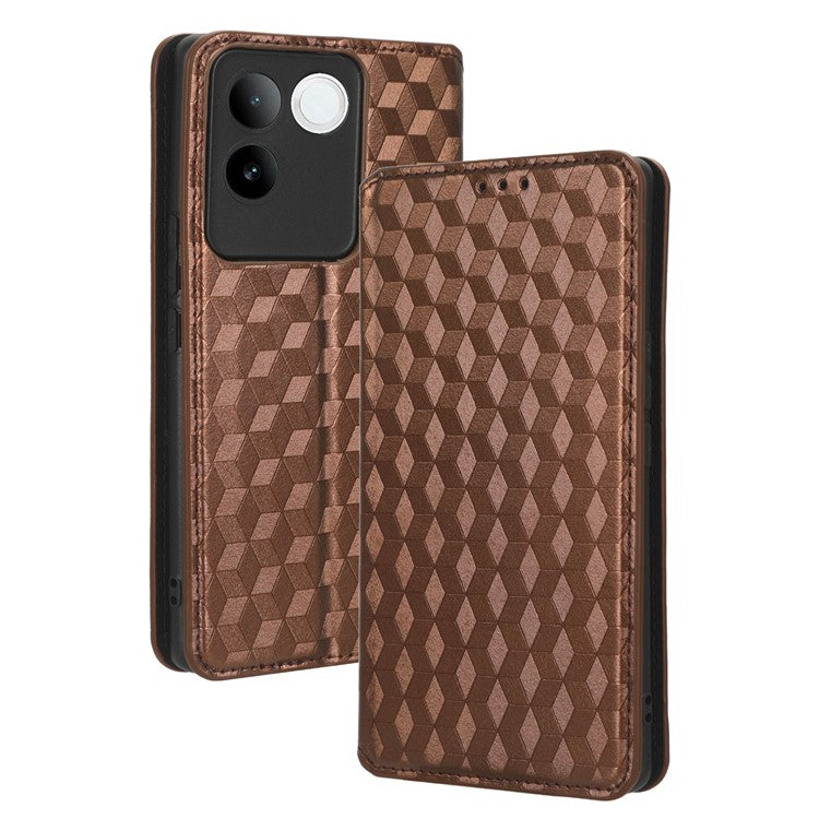 For vivo S17e 5G PU Leather Stand Case Shockproof Rhombus Imprinted Phone Cover - Brown