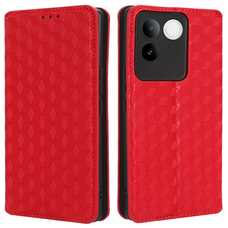 For vivo S17e 5G PU Leather Stand Case Shockproof Rhombus Imprinted Phone Cover - Red