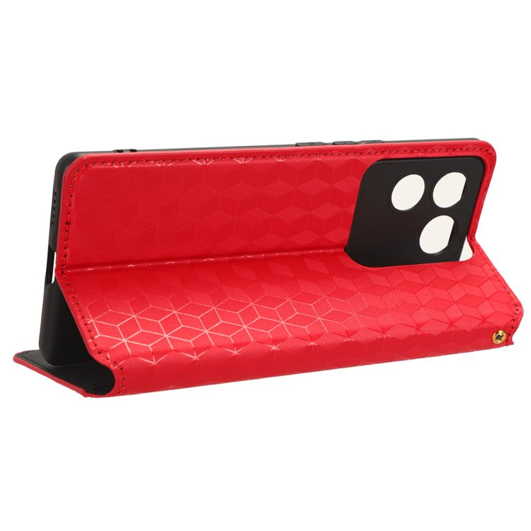 For vivo S17e 5G PU Leather Stand Case Shockproof Rhombus Imprinted Phone Cover - Red