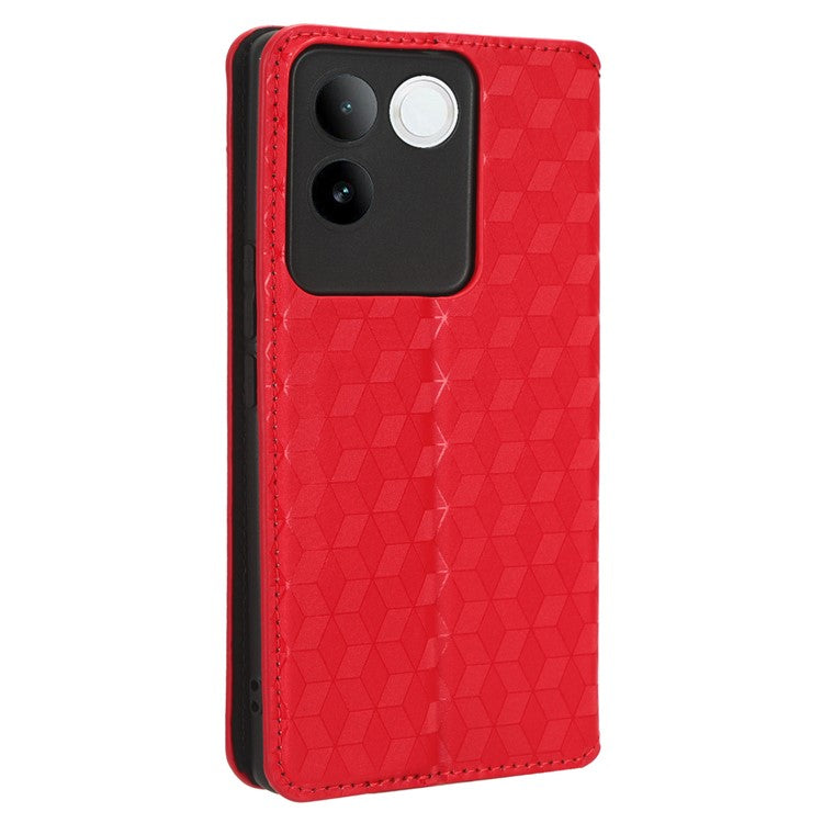 For vivo S17e 5G PU Leather Stand Case Shockproof Rhombus Imprinted Phone Cover - Red