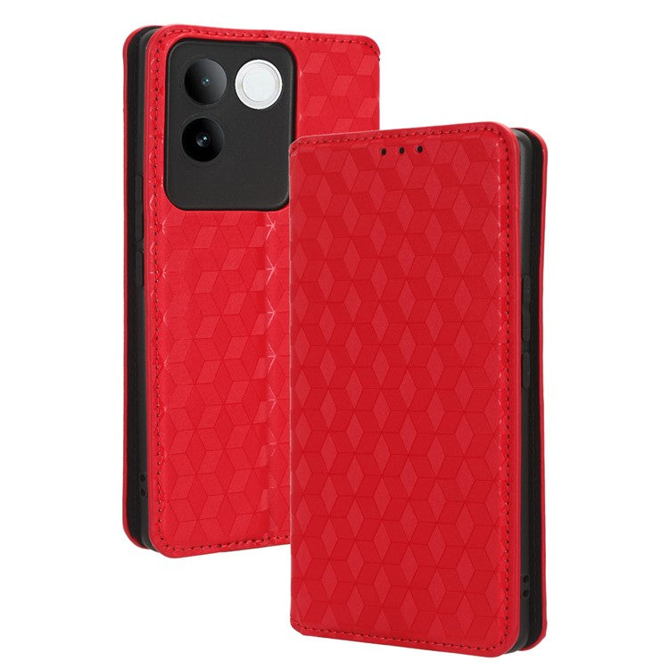 For vivo S17e 5G PU Leather Stand Case Shockproof Rhombus Imprinted Phone Cover - Red