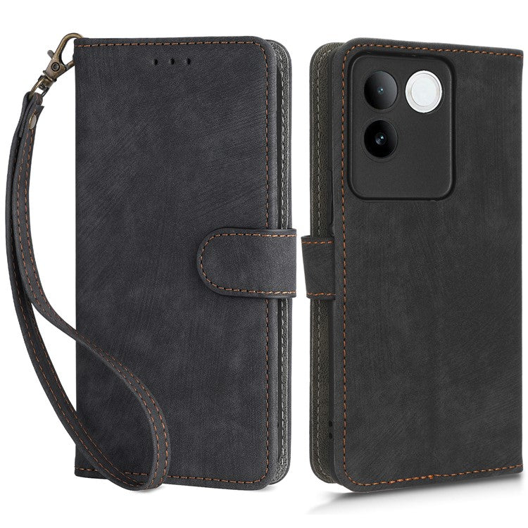 For vivo S17e 5G Drop Proof Wallet Cover RFID Blocking PU Leather Stand Phone Case with Strap - Black