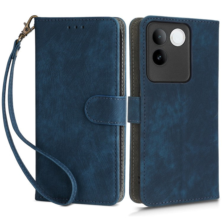 For vivo S17e 5G Drop Proof Wallet Cover RFID Blocking PU Leather Stand Phone Case with Strap - Blue