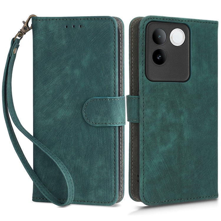 For vivo S17e 5G Drop Proof Wallet Cover RFID Blocking PU Leather Stand Phone Case with Strap - Green