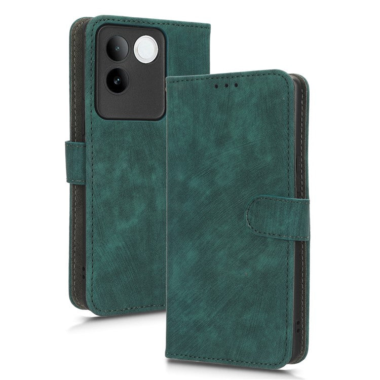 For vivo S17e 5G Drop Proof Wallet Cover RFID Blocking PU Leather Stand Phone Case with Strap - Green