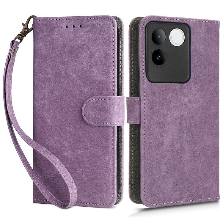 For vivo S17e 5G Drop Proof Wallet Cover RFID Blocking PU Leather Stand Phone Case with Strap - Purple