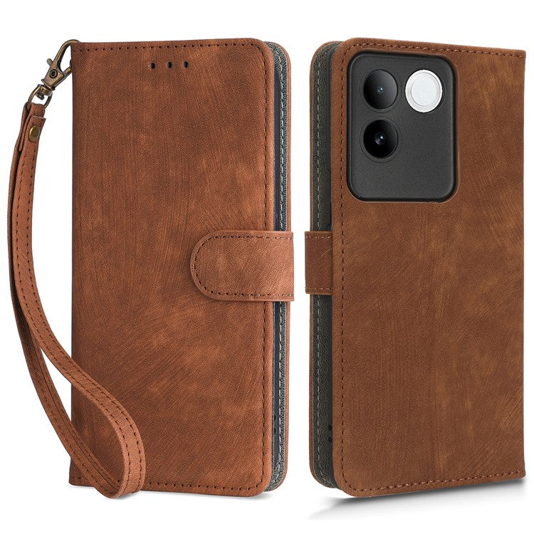 For vivo S17e 5G Drop Proof Wallet Cover RFID Blocking PU Leather Stand Phone Case with Strap - Brown