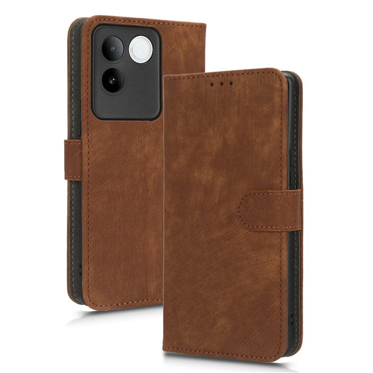 For vivo S17e 5G Drop Proof Wallet Cover RFID Blocking PU Leather Stand Phone Case with Strap - Brown