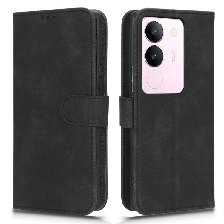 Skin-touch PU Leather Phone Cover for vivo S17 5G , Supporting Stand Slim-Fit Wallet Flip Phone Case - Black