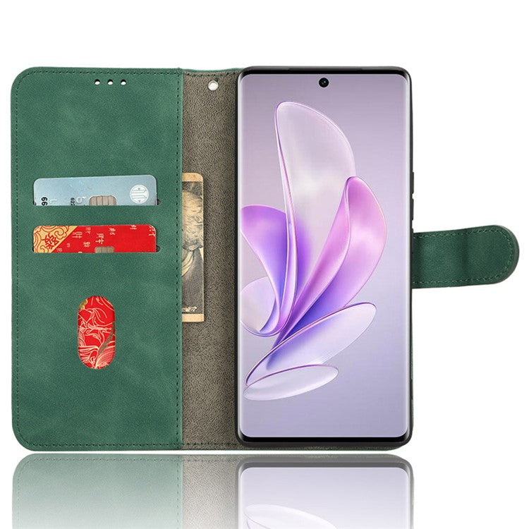 Skin-touch PU Leather Phone Cover for vivo S17 5G , Supporting Stand Slim-Fit Wallet Flip Phone Case - Green