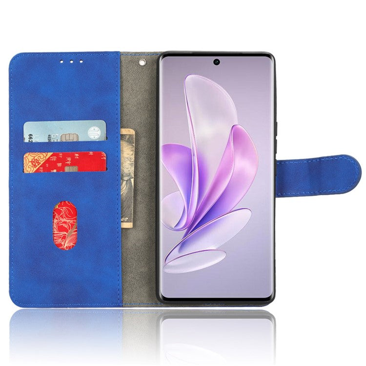 Skin-touch PU Leather Phone Cover for vivo S17 5G , Supporting Stand Slim-Fit Wallet Flip Phone Case - Blue