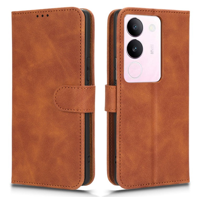 Skin-touch PU Leather Phone Cover for vivo S17 5G , Supporting Stand Slim-Fit Wallet Flip Phone Case - Brown