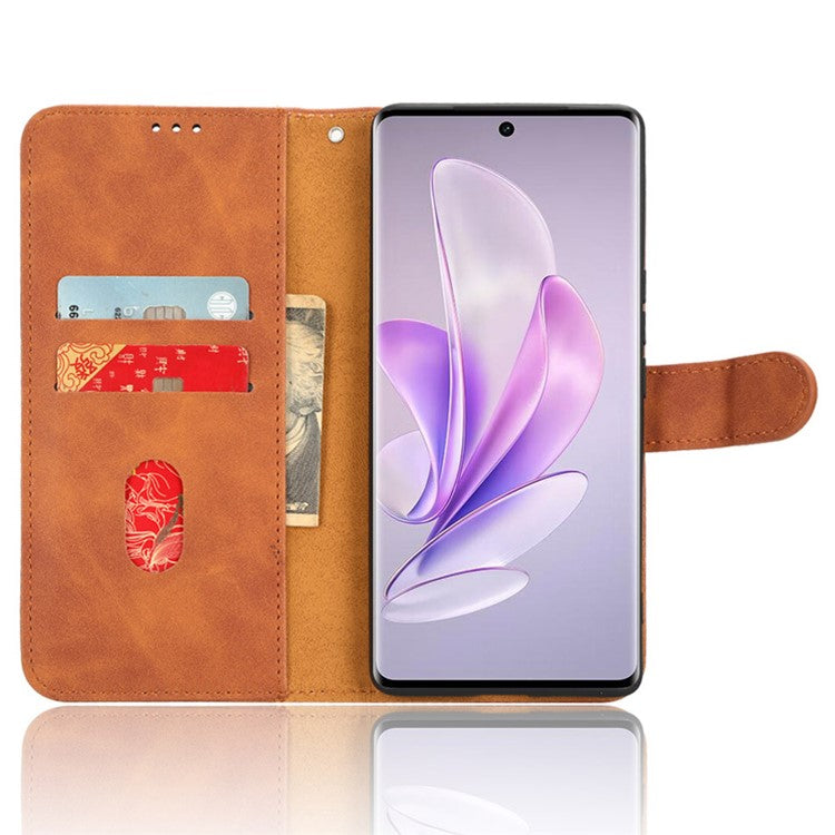 Skin-touch PU Leather Phone Cover for vivo S17 5G , Supporting Stand Slim-Fit Wallet Flip Phone Case - Brown