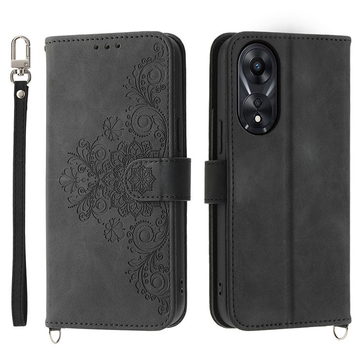 Skin-Touch Phone Case for Oppo A78 5G PU Leather Phone Shell Flower Imprinted Wallet Cover with Strap - Black