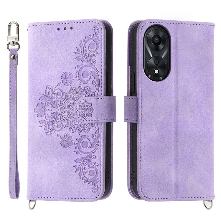 Skin-Touch Phone Case for Oppo A78 5G PU Leather Phone Shell Flower Imprinted Wallet Cover with Strap - Light Purple