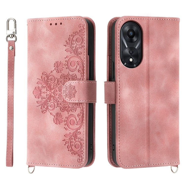 Skin-Touch Phone Case for Oppo A78 5G PU Leather Phone Shell Flower Imprinted Wallet Cover with Strap - Pink