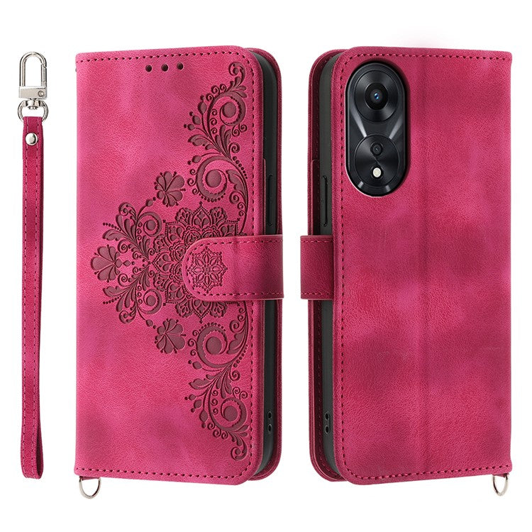 Skin-Touch Phone Case for Oppo A78 5G PU Leather Phone Shell Flower Imprinted Wallet Cover with Strap - Wine Red